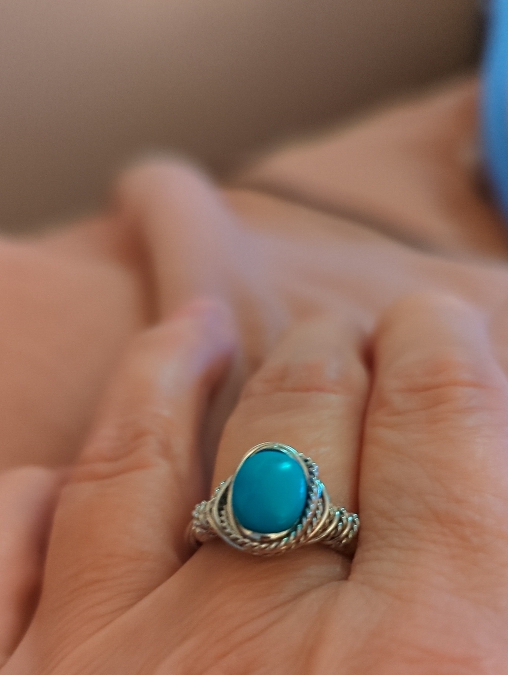 Turquoise Stone Silver Rope-Accent Ring - Picture 7 of 7